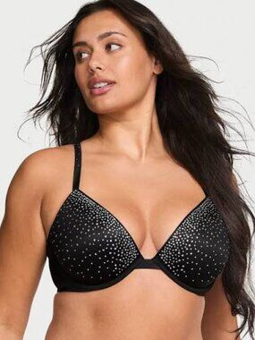 Victoria's Secret Very Sexy Black Embellished Demi Bra  Rhinestones 38DD 3068